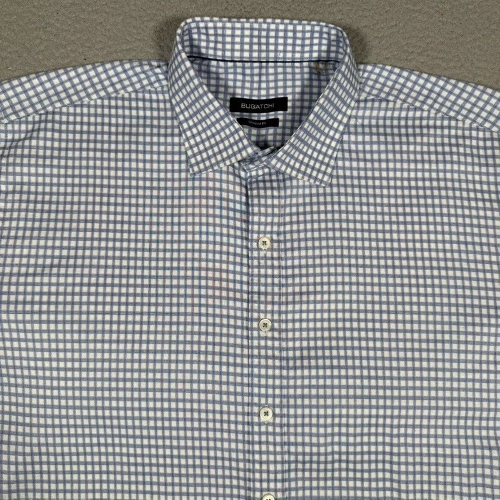 Bugatchi Shirt Mens XL Blue Grid‎ Windowpane Shaped Fit Casual Preppy Button Up
